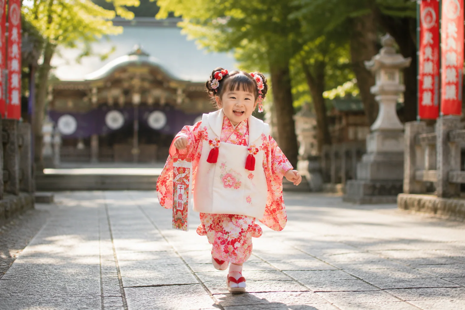 七五三の女の子が神社の参道を歩く参考イメージ