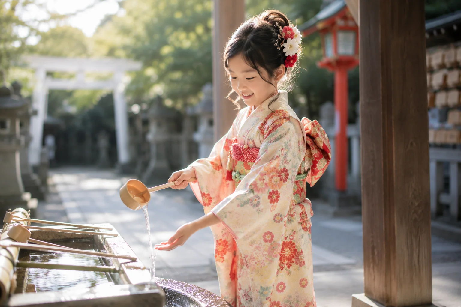 七五三の女の子が手水を行う参考イメージ