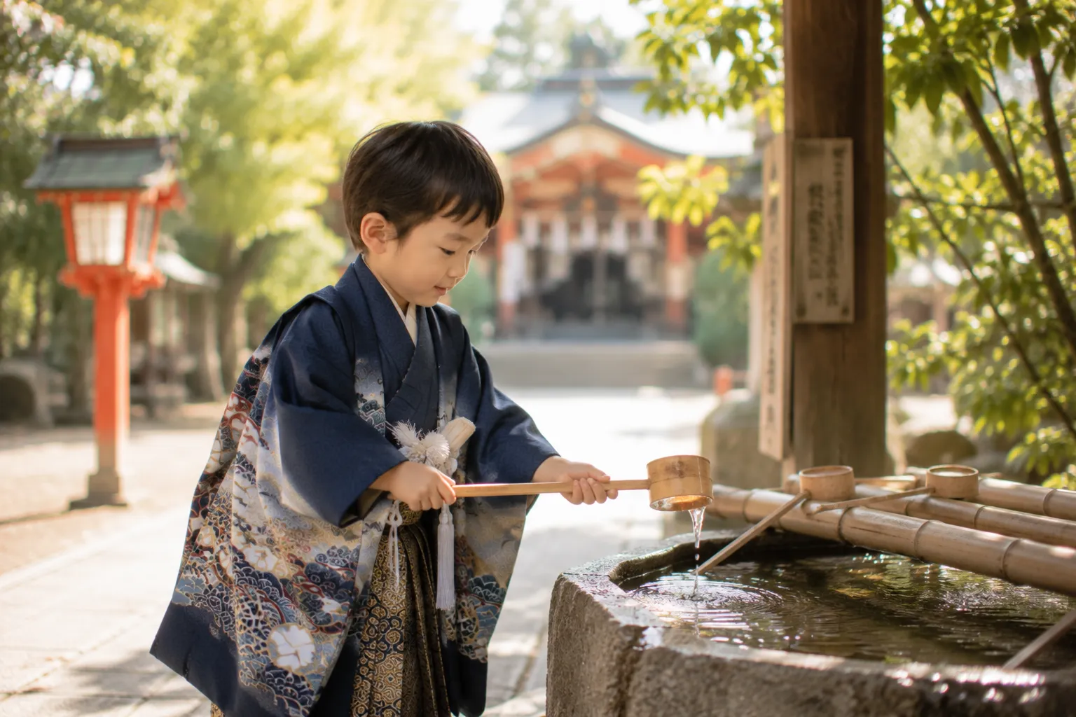 神社の手水で手を清める七五三の男の子の参考イメージ