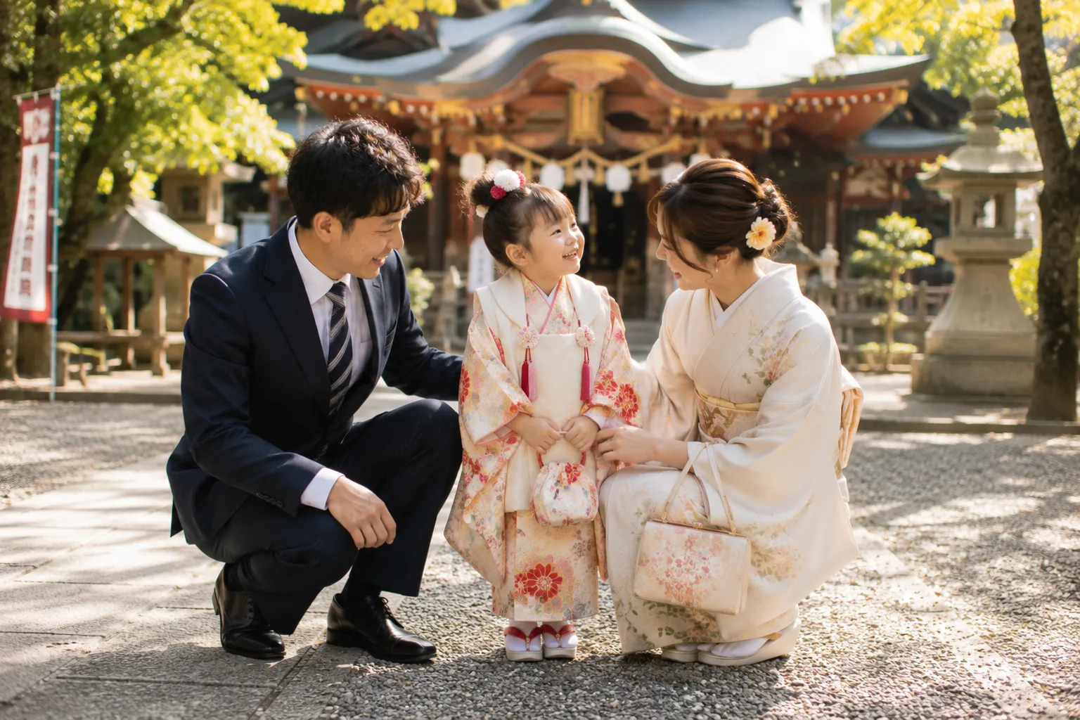神社で家族と過ごす七五三の女の子の参考イメージ
