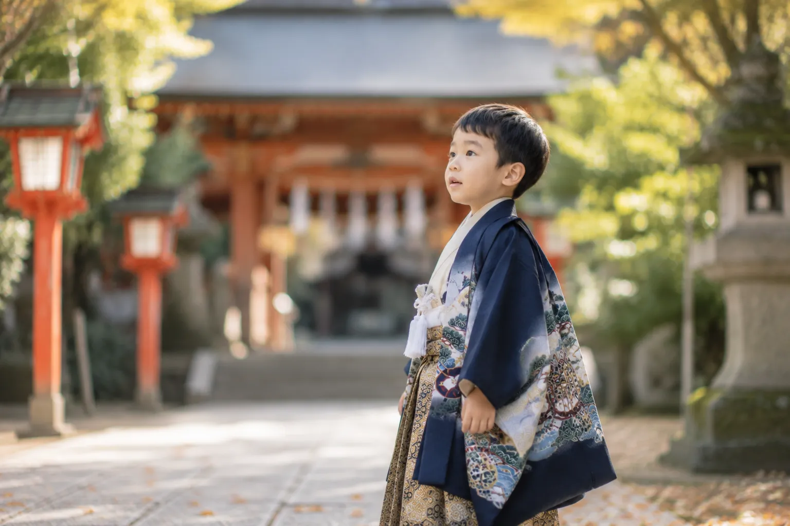 神社を見上げる七五三の男の子の参考イメージ