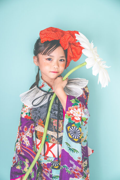 7歳七五三撮影 紫と水色の着物