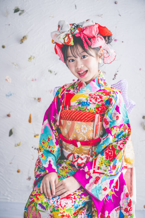 七歳七五三撮影 水色紫×柄のアンティーク着物