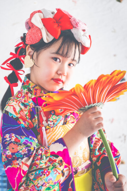 7歳七五三撮影 紫のアンティーク着物