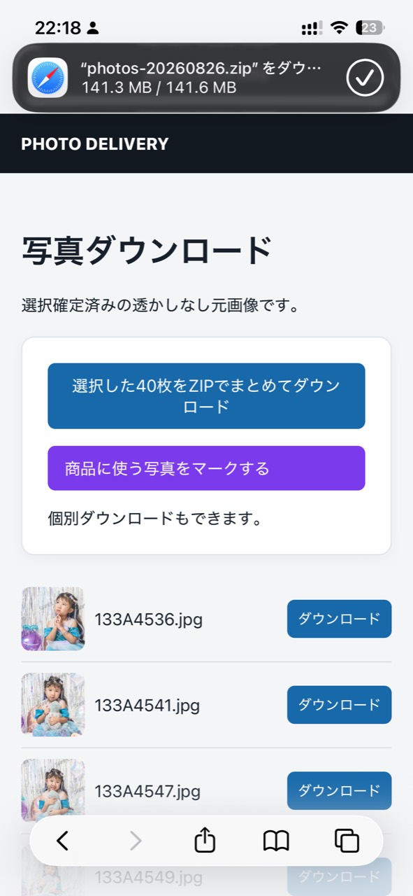 ZIPファイルのダウンロードが完了した画面
