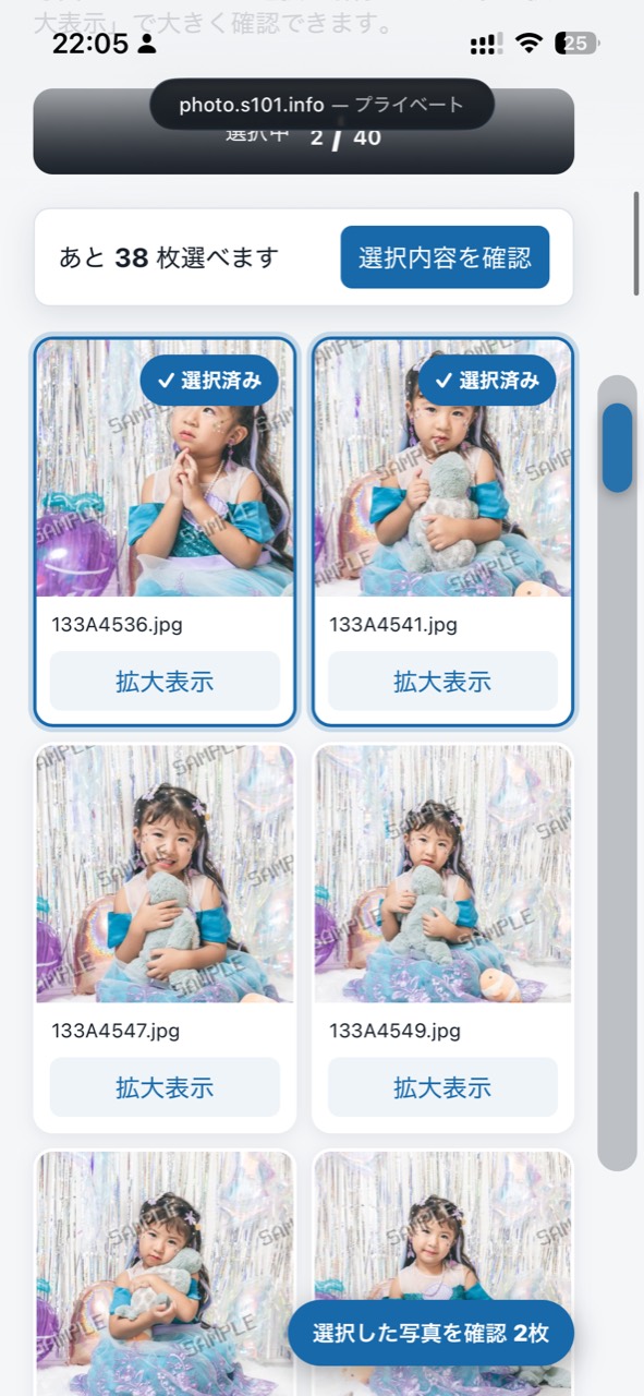 写真が選択済みになった画面